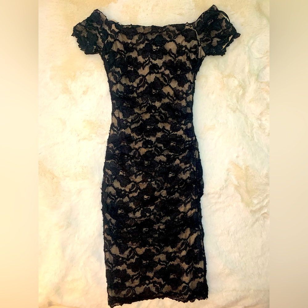 Betsy and Adam black lacy off the shoulder cocktail dress